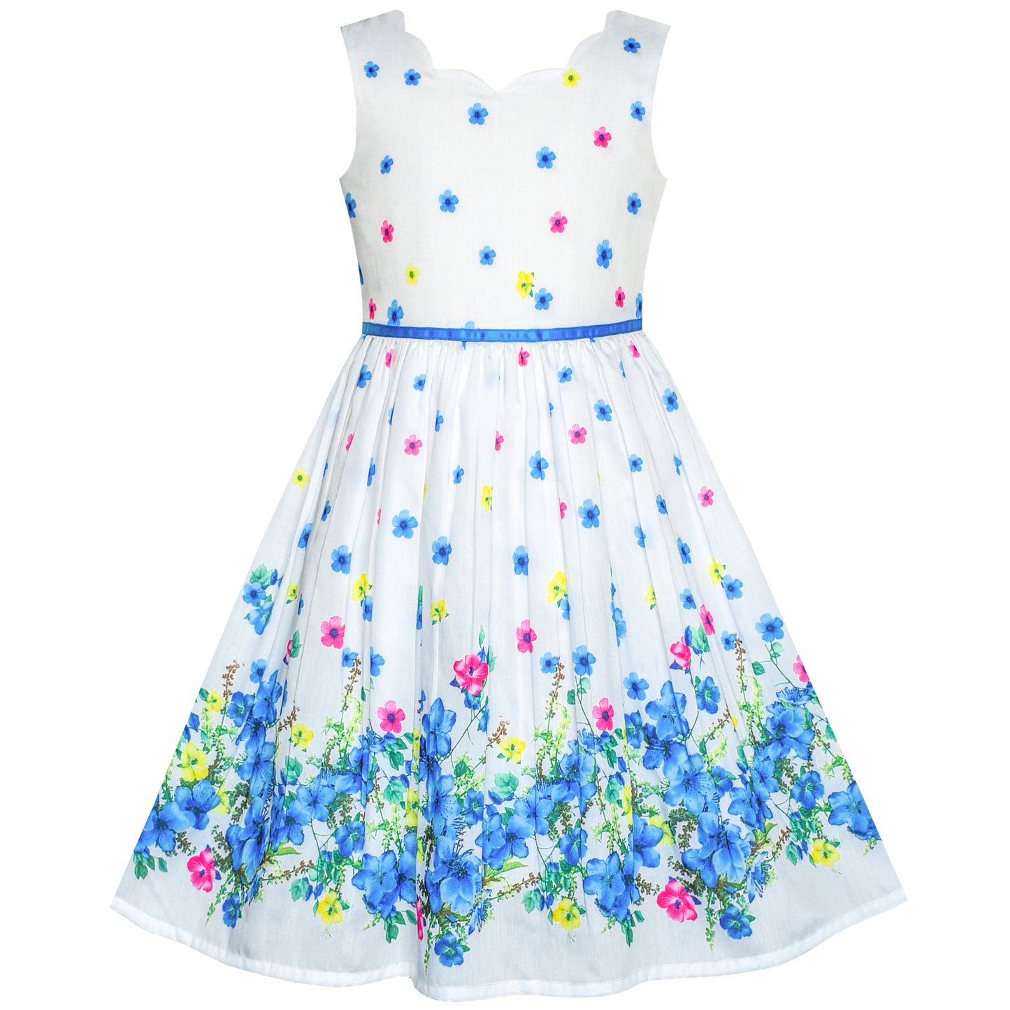 Sunny Fashion Girls White Floral Garden Dress with Pink Waist Detail