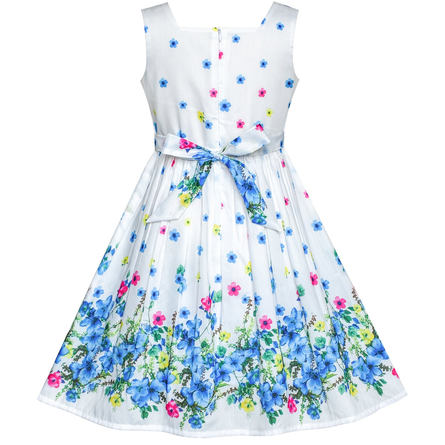 Sunny Fashion Girls White Floral Garden Dress with Pink Waist Detail