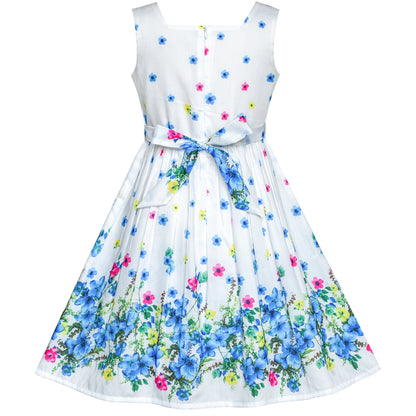 Sunny Fashion Girls White Floral Garden Dress with Pink Waist Detail