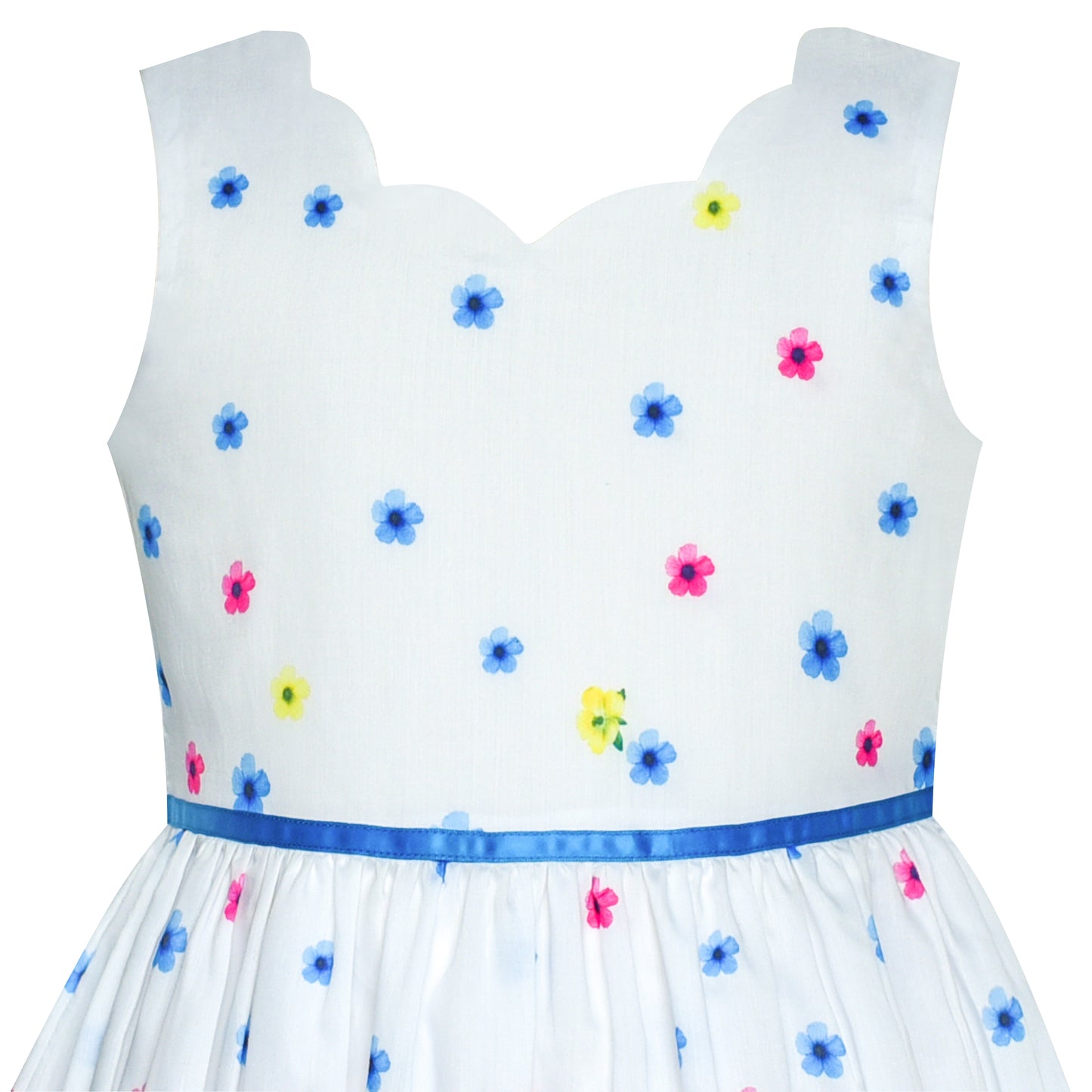 Sunny Fashion Girls White Floral Garden Dress with Pink Waist Detail