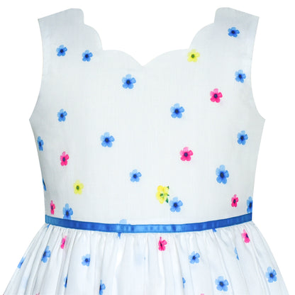 Sunny Fashion Girls White Floral Garden Dress with Pink Waist Detail