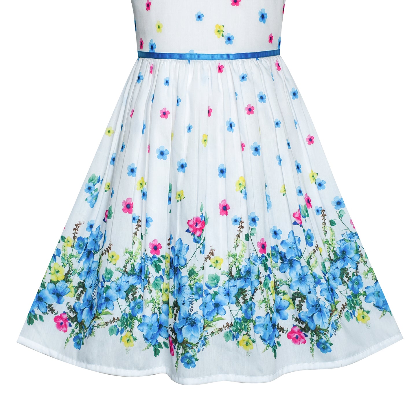 Sunny Fashion Girls White Floral Garden Dress with Pink Waist Detail