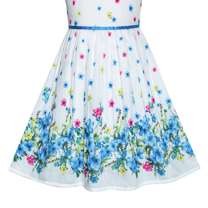 Sunny Fashion Girls White Floral Garden Dress with Pink Waist Detail