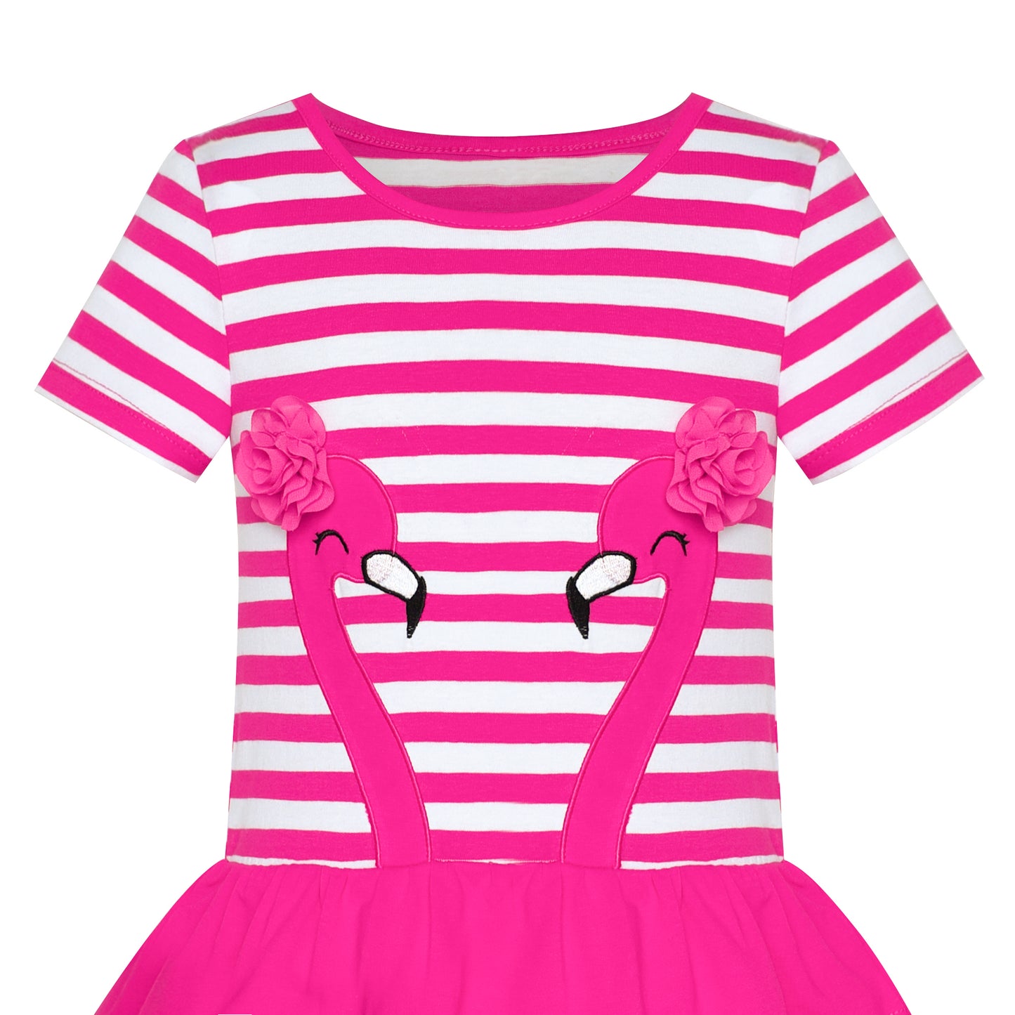 Girls Dress Flower Embroidered Stripe Short Sleeve Size 2-12 Years
