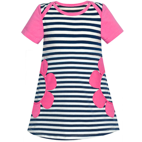 Girls Dress Flower Embroidered Stripe Short Sleeve Size 2-12 Years