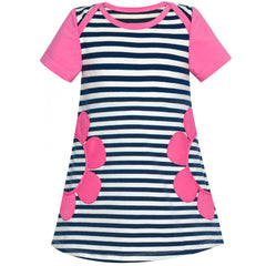 Girls Dress Flower Embroidered Stripe Short Sleeve Size 2-12 Years