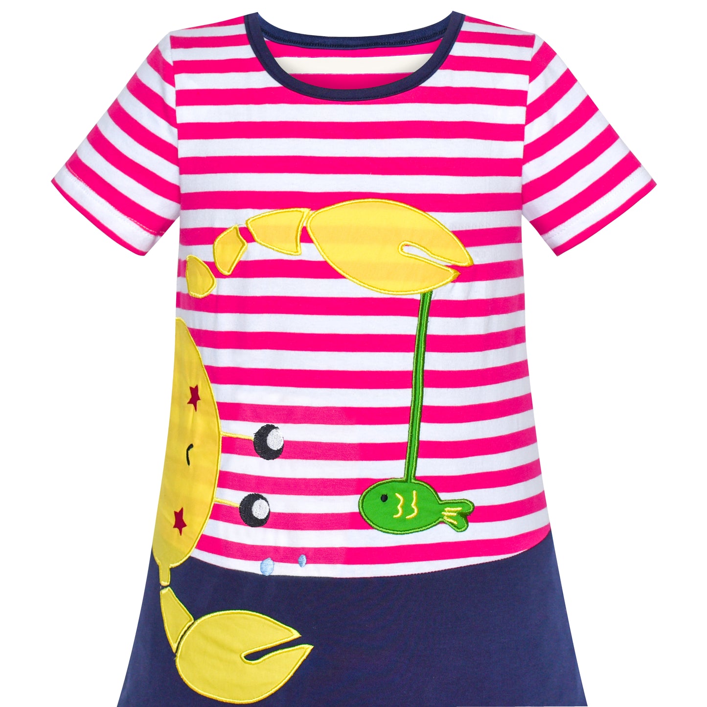 Girls Dress Flower Embroidered Stripe Short Sleeve Size 2-12 Years