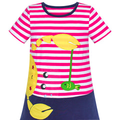 Girls Dress Flower Embroidered Stripe Short Sleeve Size 2-12 Years
