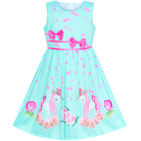 Girls Dress Rose Flower Double Bow Tie Party Size 4-12 Years
