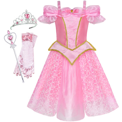 Sleeping Beauty Aurora Princess Dress Pink Off Shoulder Ball Gown Costume Dress for Girls Birthday Party Dress Up Outfits