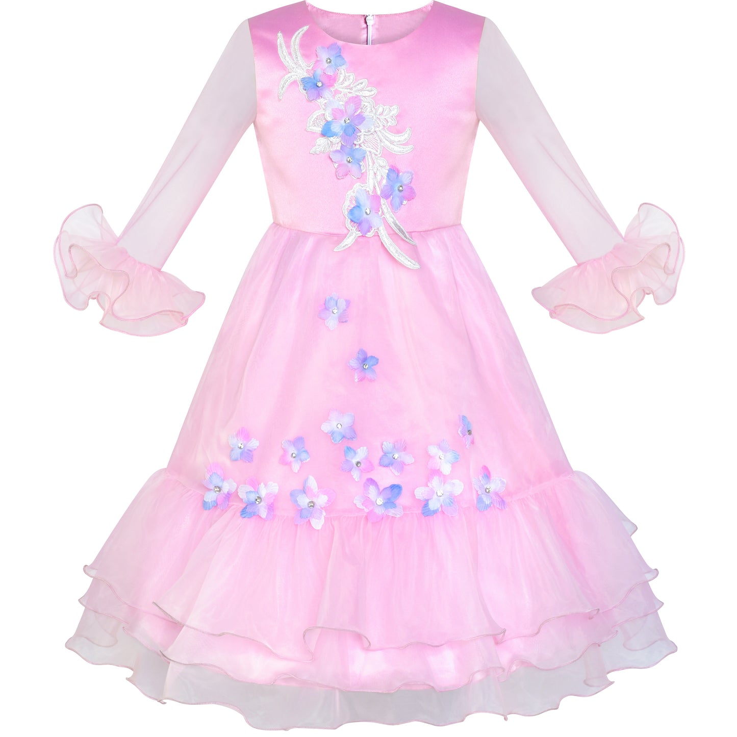 Girls Dress Peacock Illusion Shoulder Bell Sleeve Size 4-14 Years