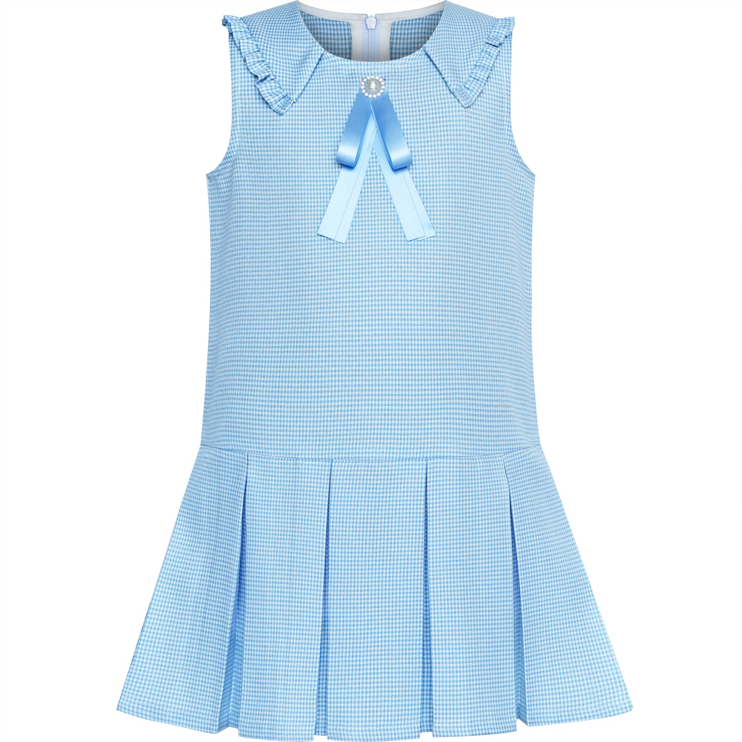 Sunny Fashion Girls Pink Plaid A-Line Dress with Bow Tie Collar