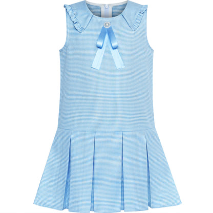 Sunny Fashion Girls Pink Plaid A-Line Dress with Bow Tie Collar