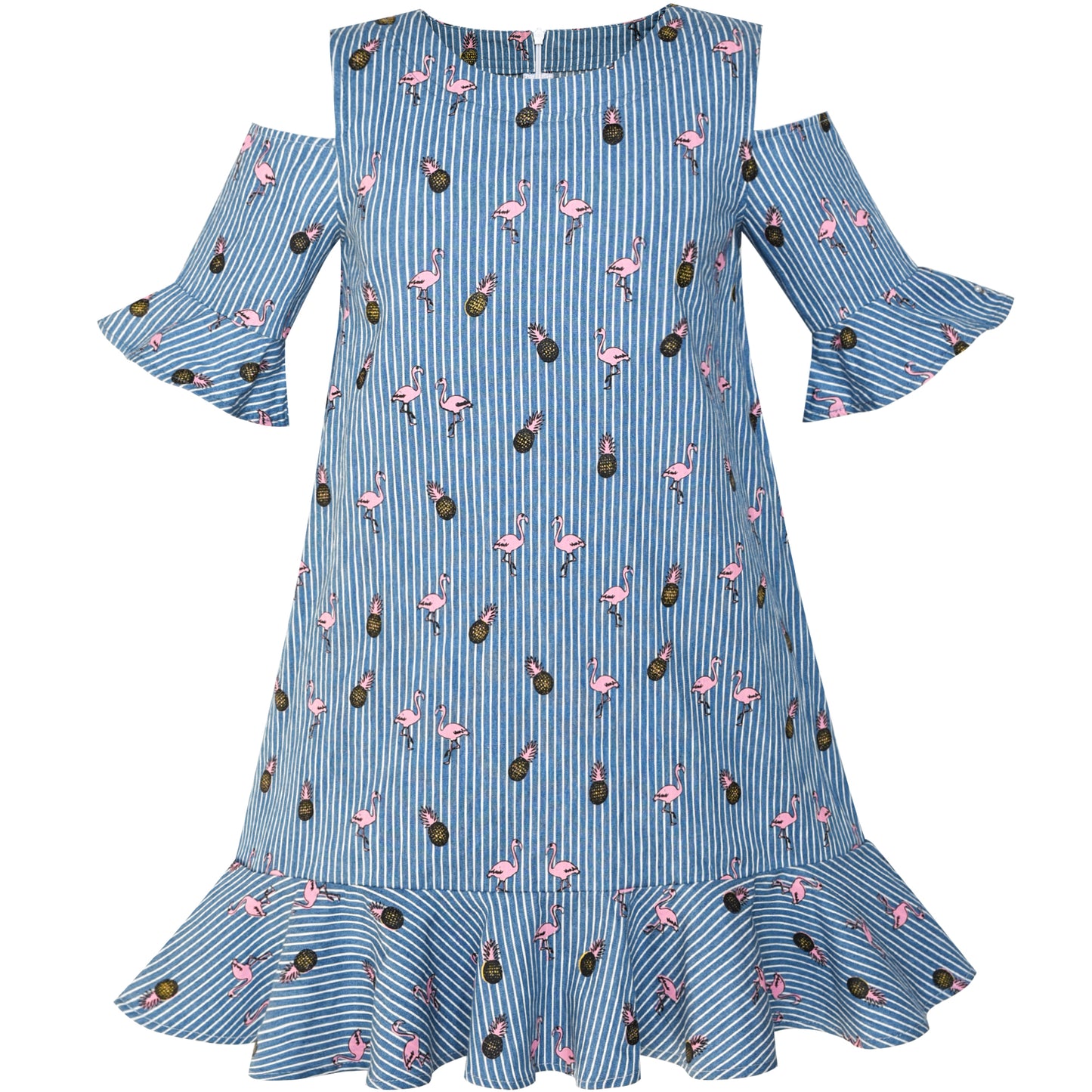 Sunny Fashion Girls Blue Cold Shoulder Cotton Dress with Bell Sleeves