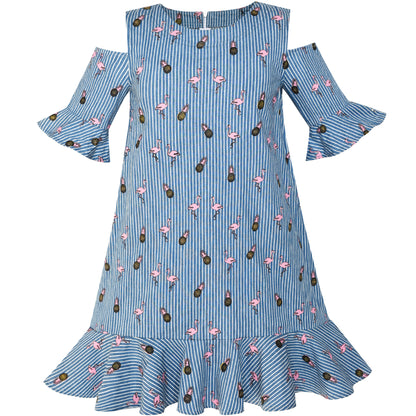 Sunny Fashion Girls Blue Cold Shoulder Cotton Dress with Bell Sleeves