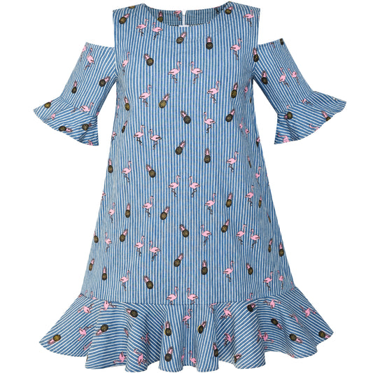 Girls Cold Shoulder Dress Denim Cowboy 3/4 Sleeve Size 2-12 Years