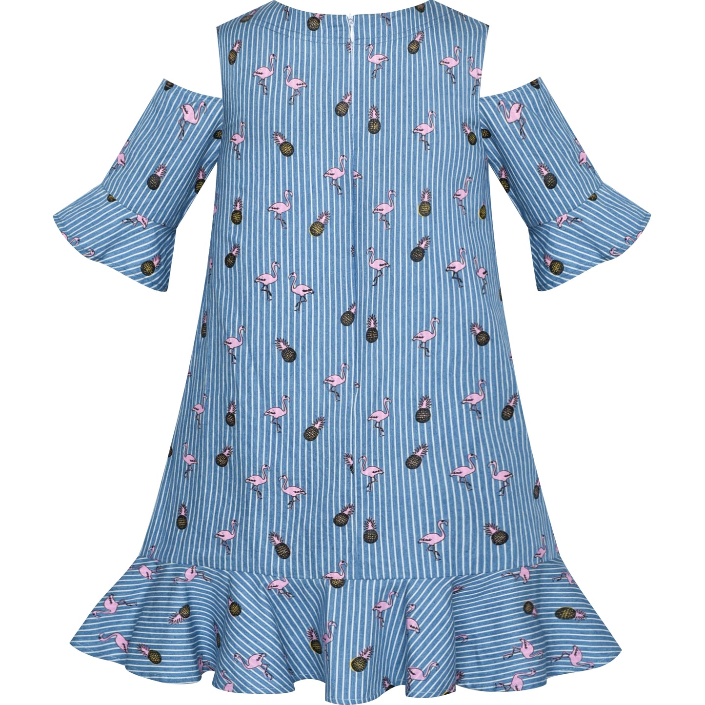 Sunny Fashion Girls Blue Cold Shoulder Cotton Dress with Bell Sleeves