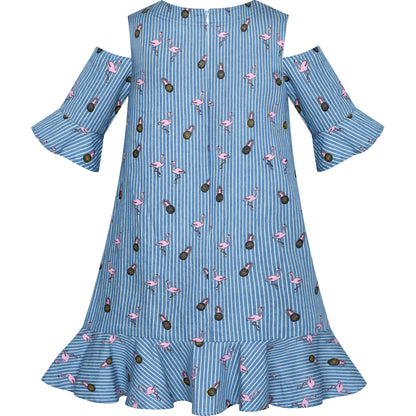 Sunny Fashion Girls Blue Cold Shoulder Cotton Dress with Bell Sleeves