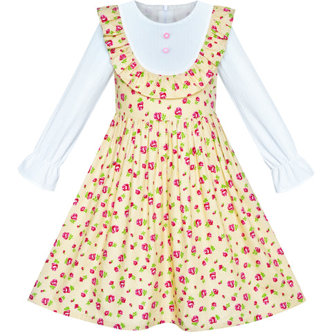 Girls Dress Flower Long Sleeve Cotton Causal Dress Size 3-12 Years