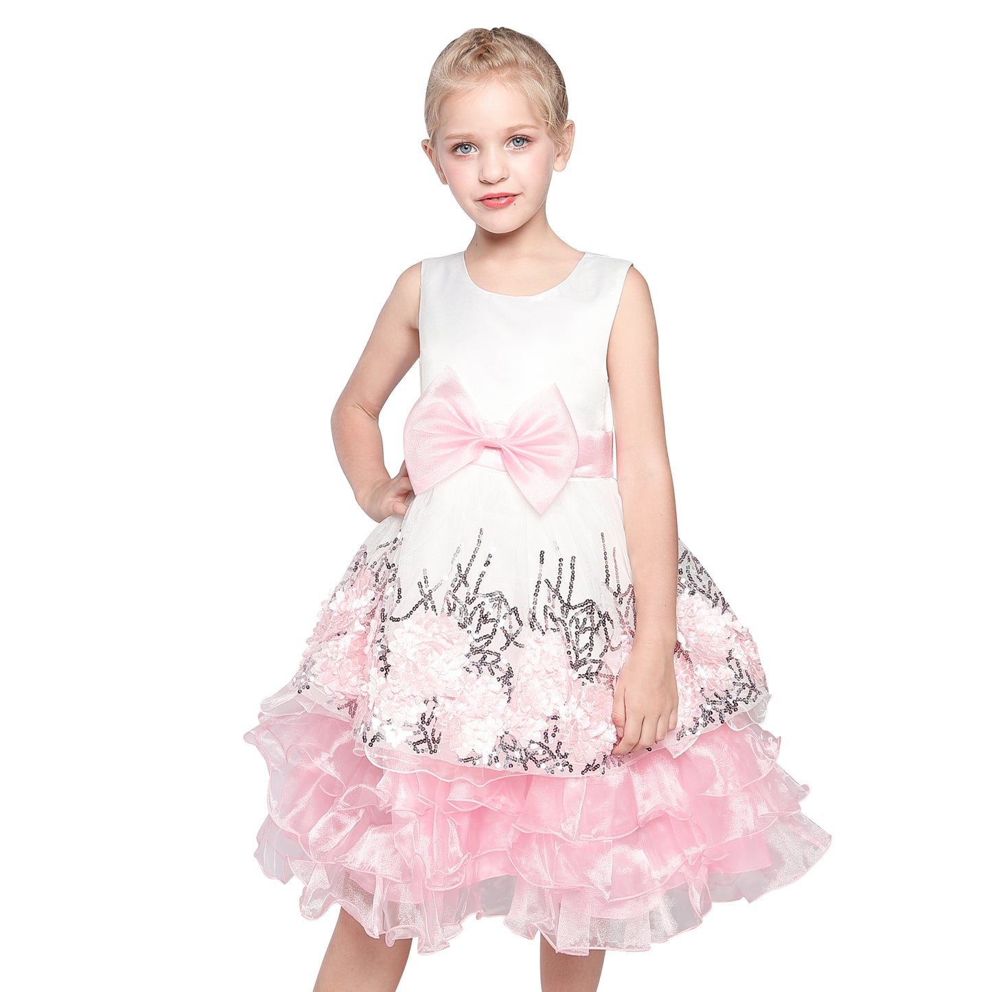 Flower Girls Dress Sequin Dimensional Flowers Bow Tie Pageant Size 7-14 Years