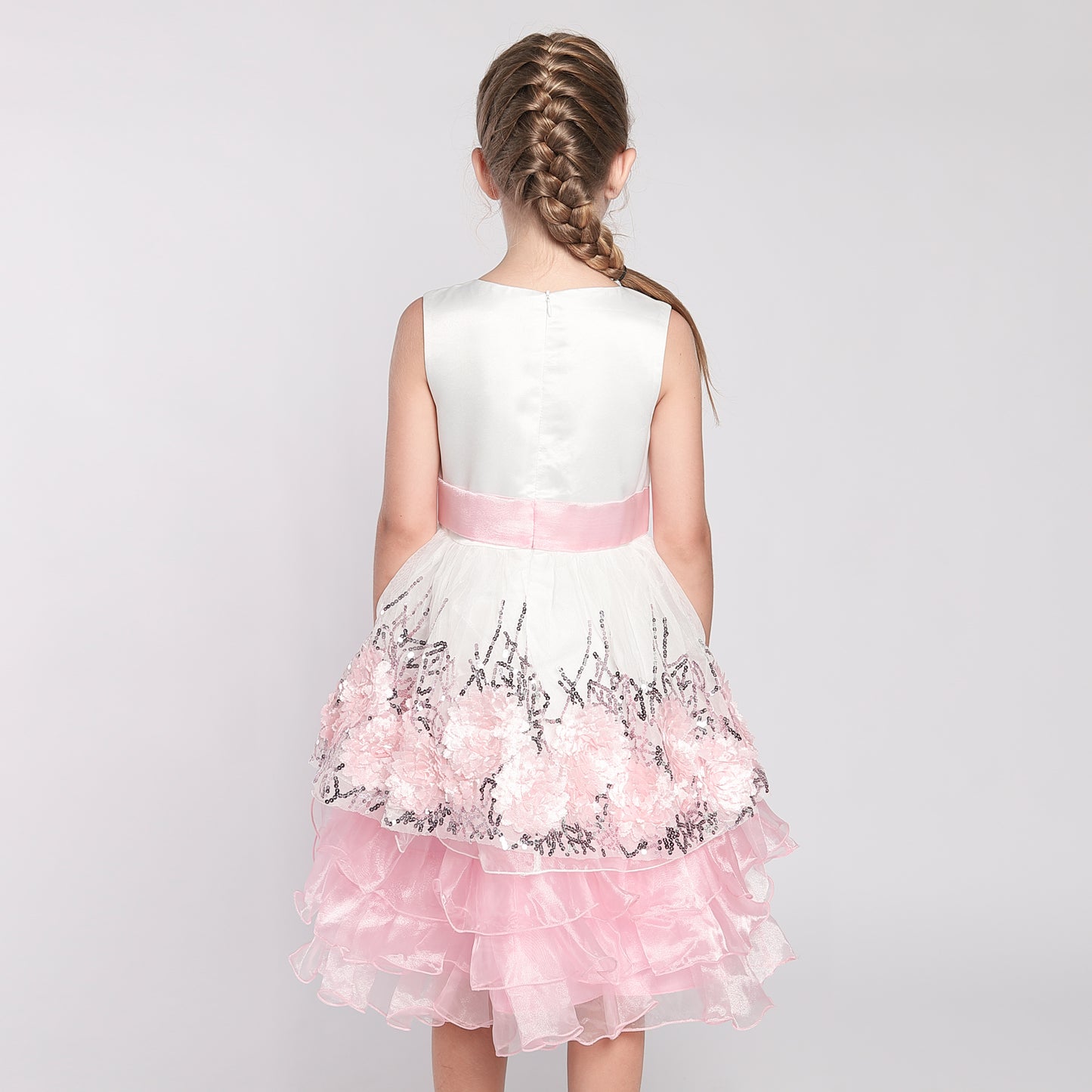 Flower Girls Dress Sequin Dimensional Flowers Bow Tie Pageant Size 7-14 Years