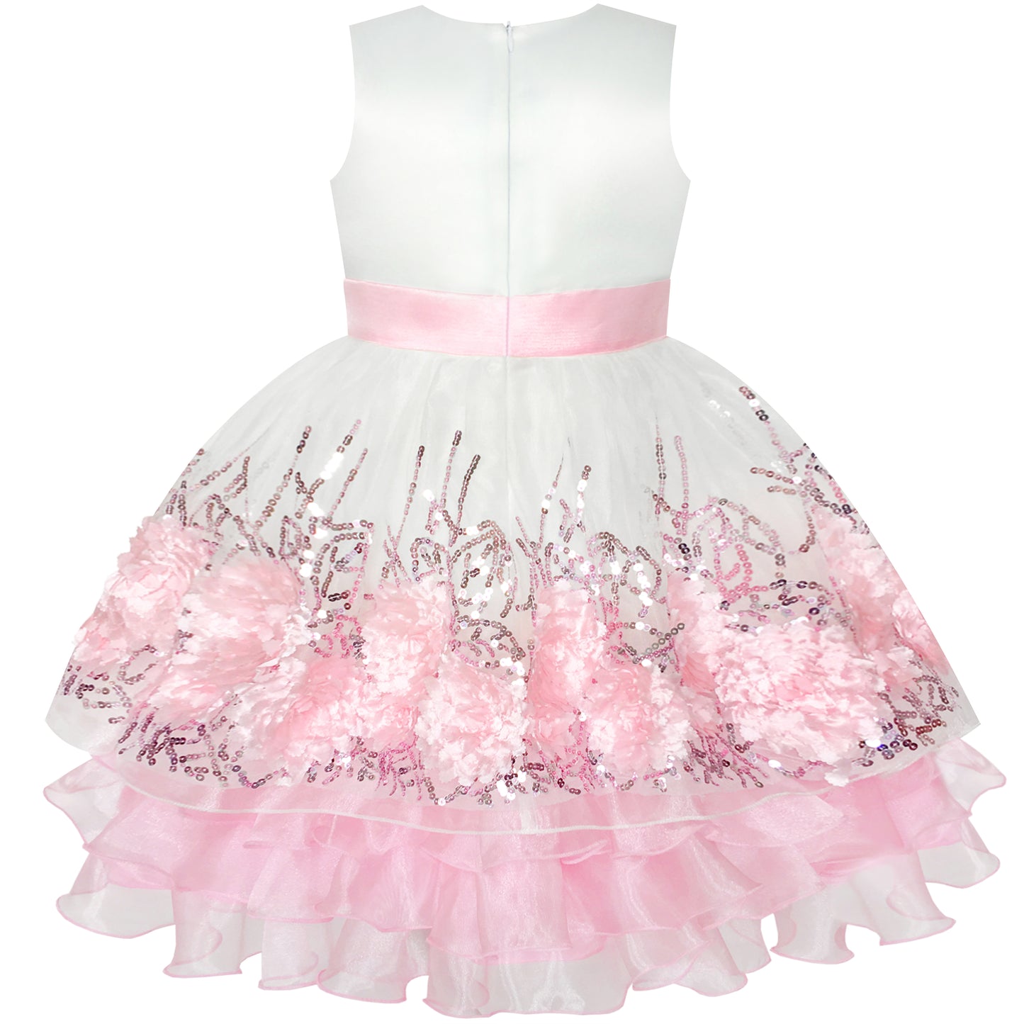 Flower Girls Dress Sequin Dimensional Flowers Bow Tie Pageant Size 7-14 Years