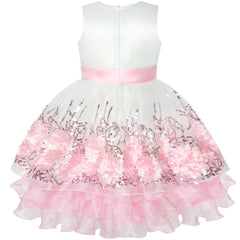 Flower Girls Dress Sequin Dimensional Flowers Bow Tie Pageant Size 7-14 Years