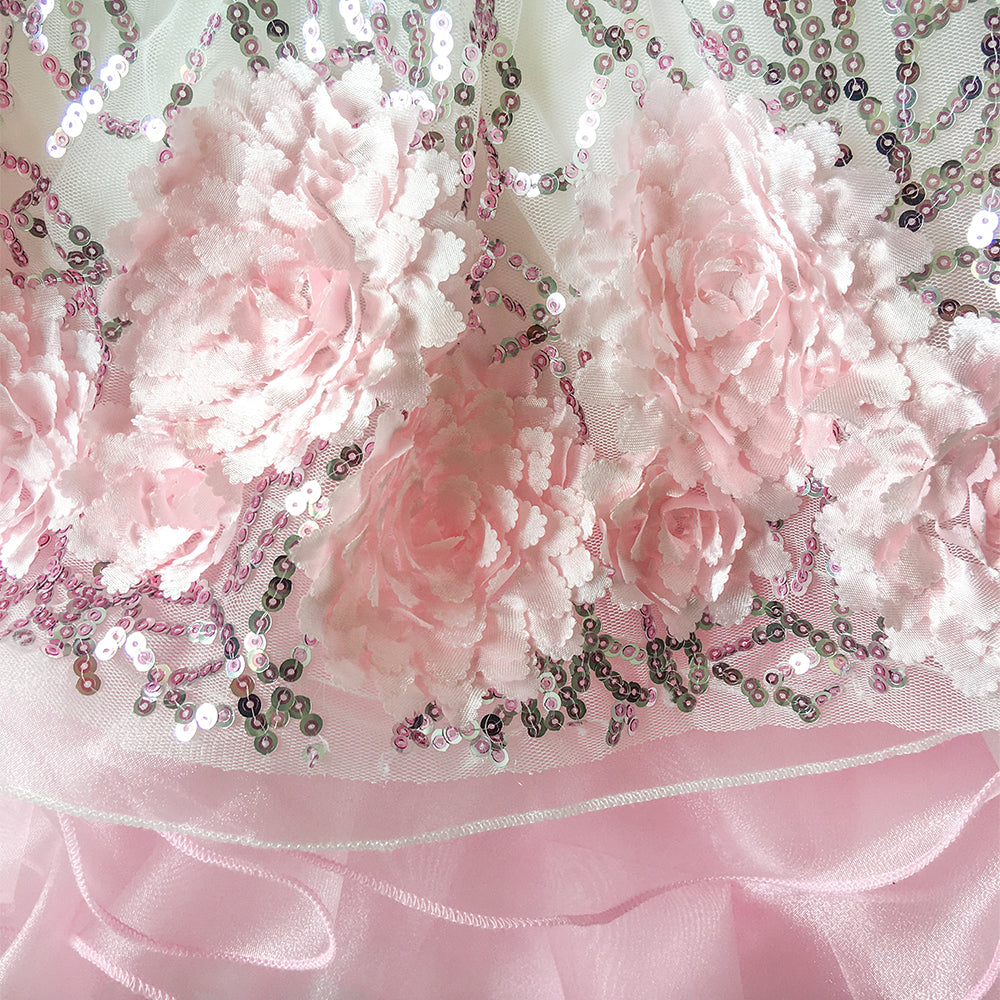 Flower Girls Dress Sequin Dimensional Flowers Bow Tie Pageant Size 7-14 Years