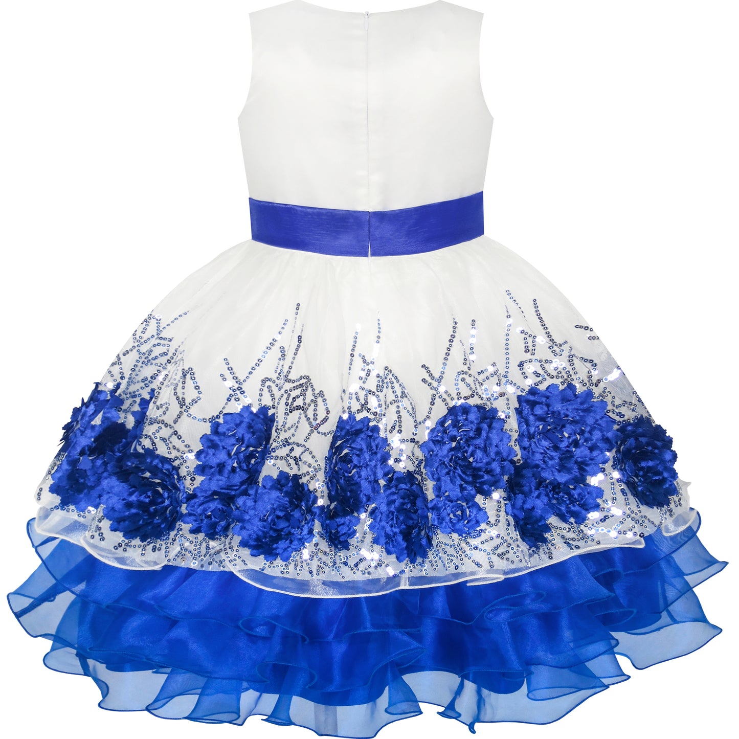 Flower Girls Dress Sequin Dimensional Flowers Bow Tie Pageant Size 7-14 Years