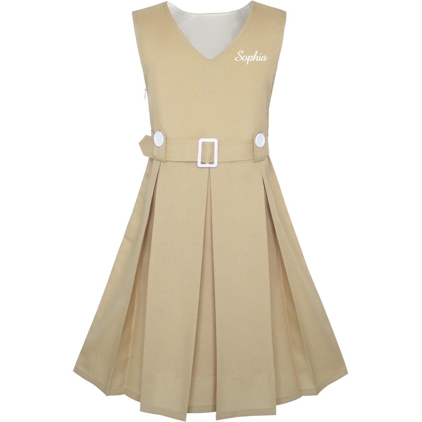 Girls Dress Khaki Button Back School Pleated Hem Size 6-14 Years