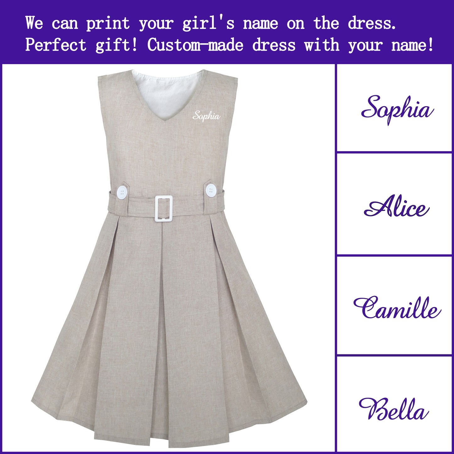 Girls Dress Khaki Button Back School Pleated Hem Size 6-14 Years