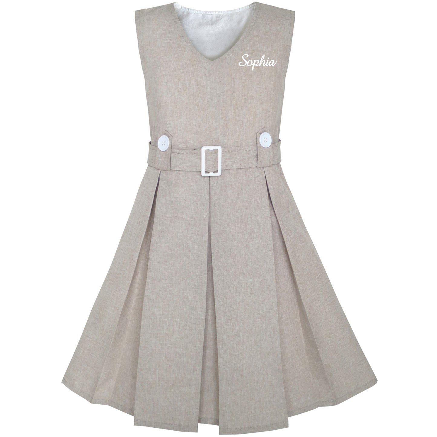 Girls Dress Khaki Button Back School Pleated Hem Size 6-14 Years