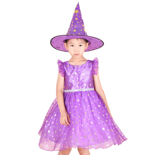 Kids Purple Star Tutu Witch Dress, Whimsical Halloween Costume, Magic Hat Bundle