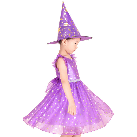 Kids Purple Star Tutu Witch Dress, Whimsical Halloween Costume, Magic Hat Bundle