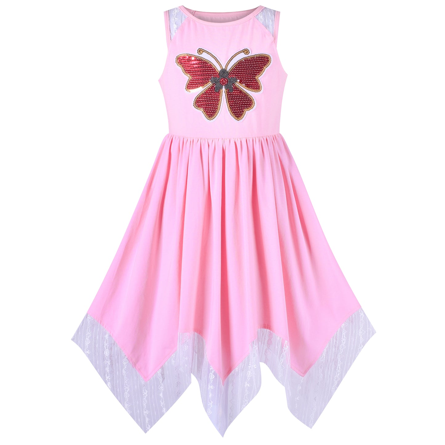 Girls Dress Flower Print Hanky Hem With Necklace Size 6-14 Years