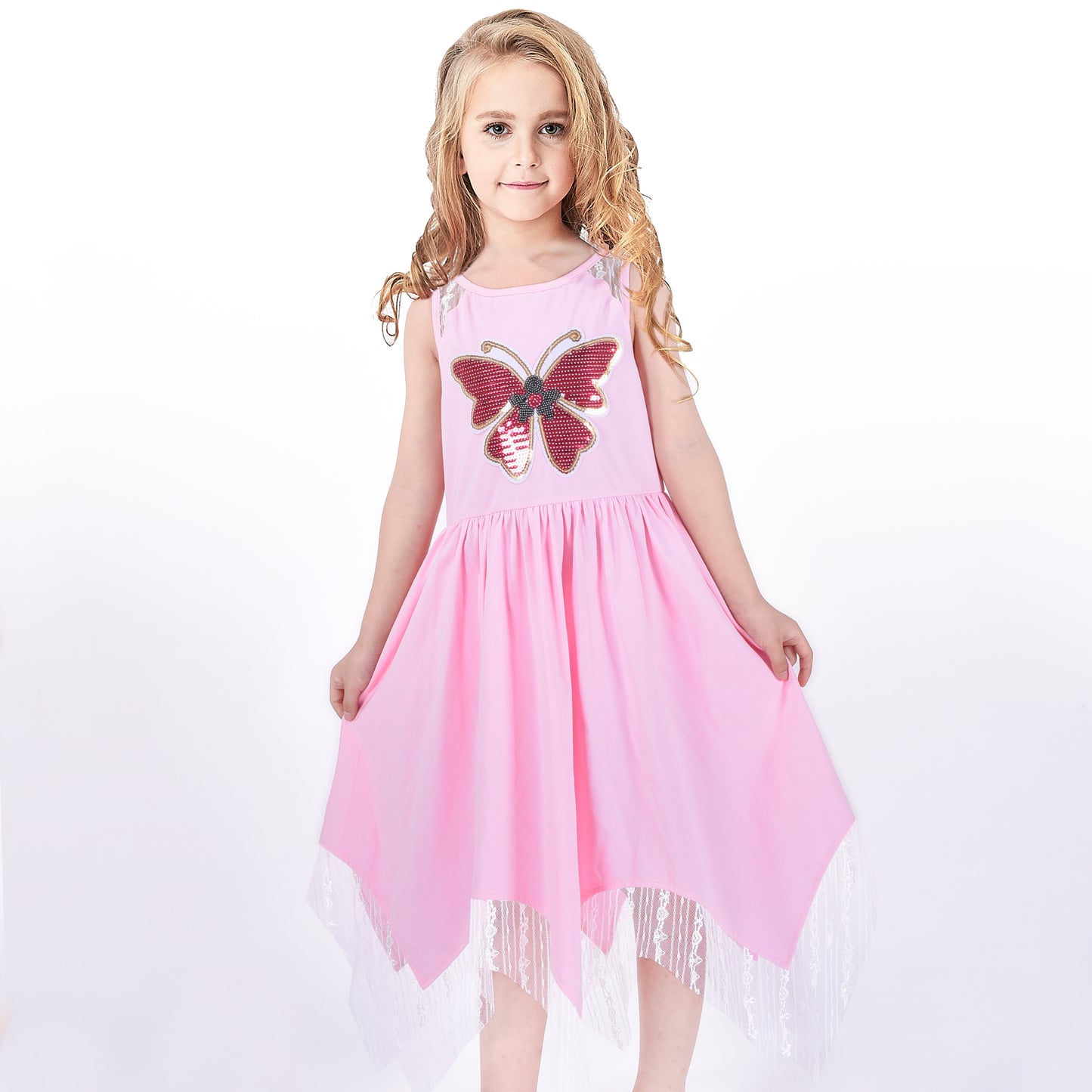 Girls Dress Flower Print Hanky Hem With Necklace Size 6-14 Years