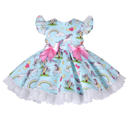 Sunny Fashion Girls Unicorn Rainbow Print Bowknot Princess Dress