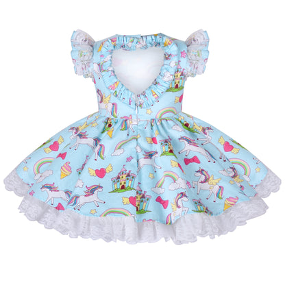 Sunny Fashion Girls Unicorn Rainbow Print Bowknot Princess Dress