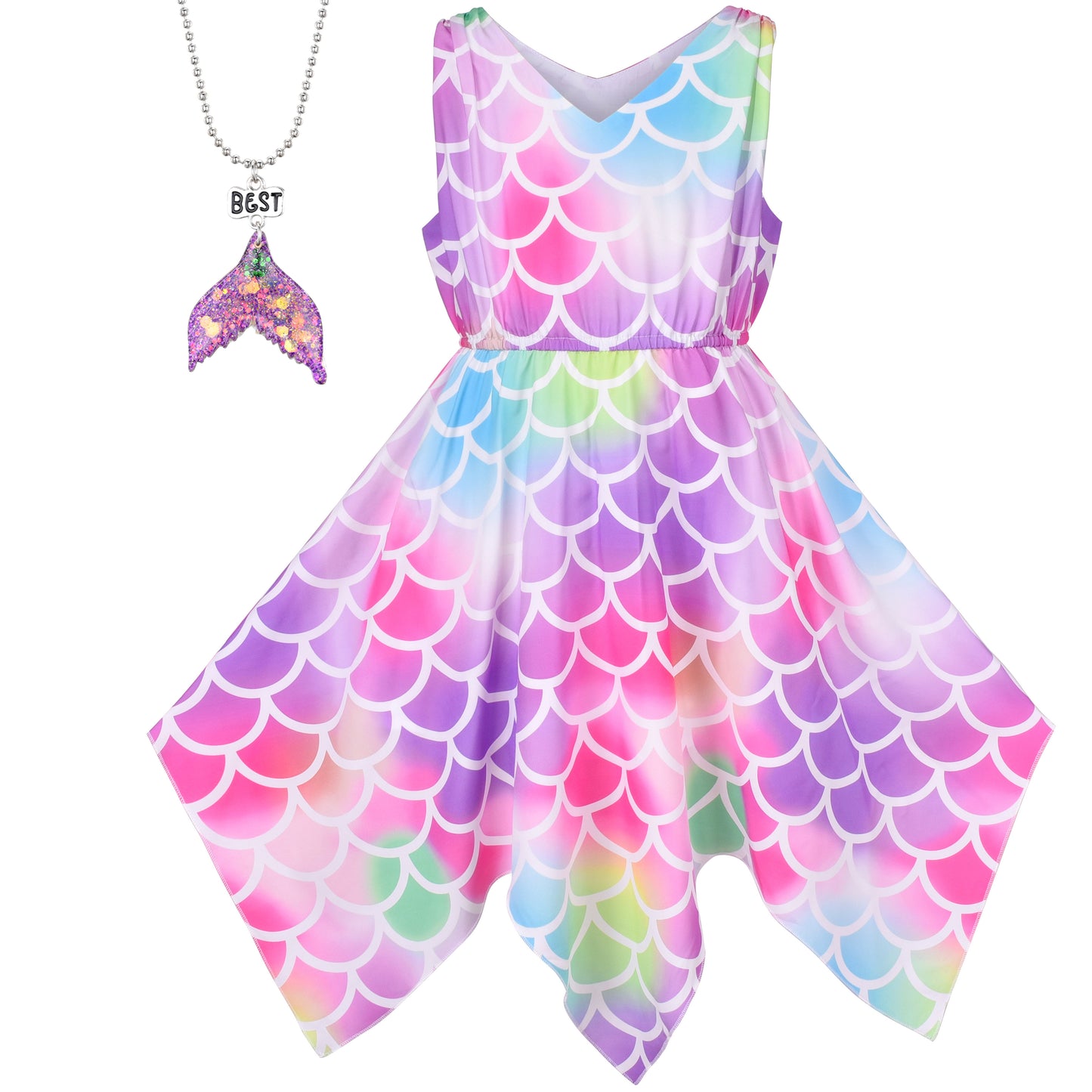Girls Dress Flower Print Hanky Hem With Necklace Size 6-14 Years