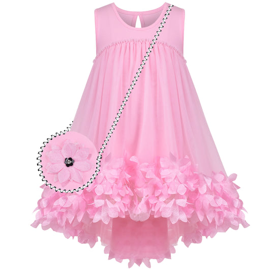 Sunny Fashion Girls Pink 3D Floral Tulle Dress with Crossbody Flower Bag