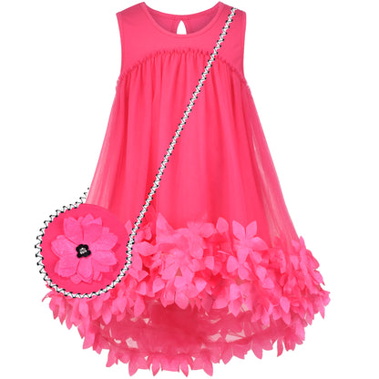 Sunny Fashion Girls Pink 3D Floral Tulle Dress with Crossbody Flower Bag