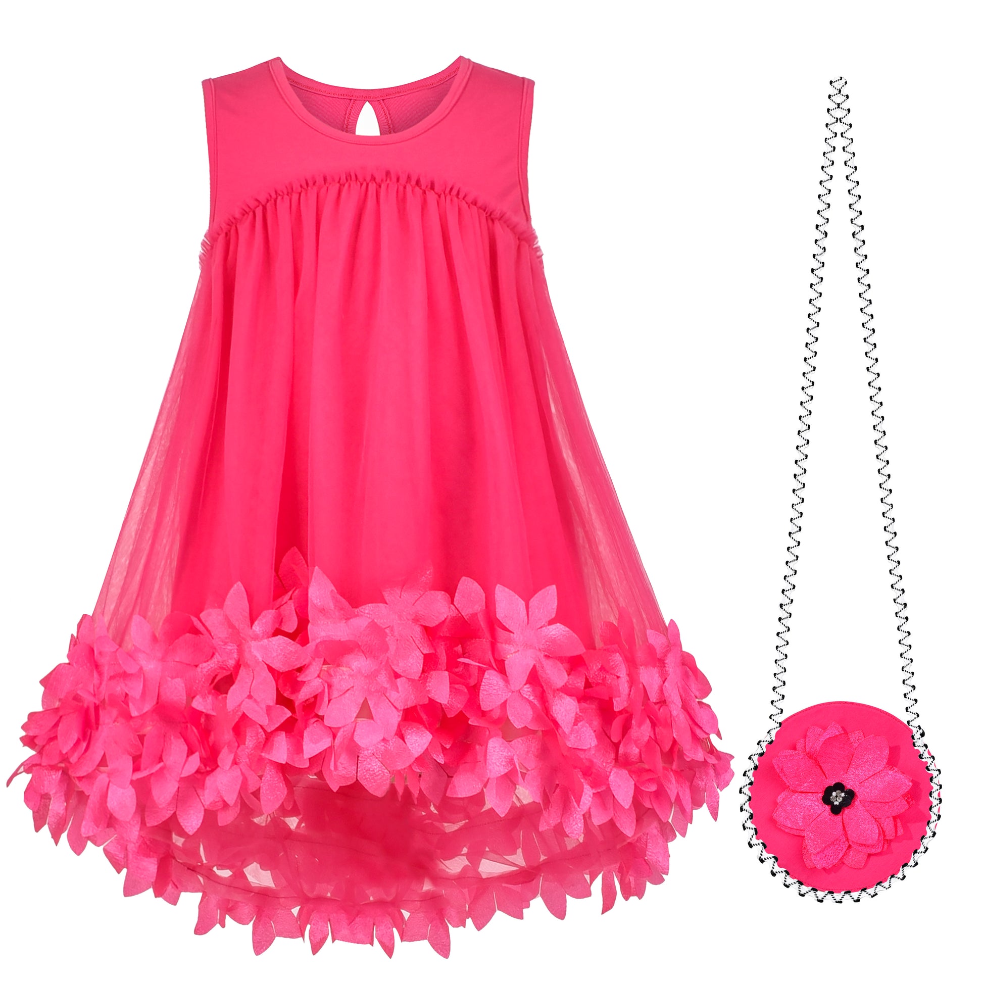 Sunny Fashion Girls Pink 3D Floral Tulle Dress with Crossbody Flower B