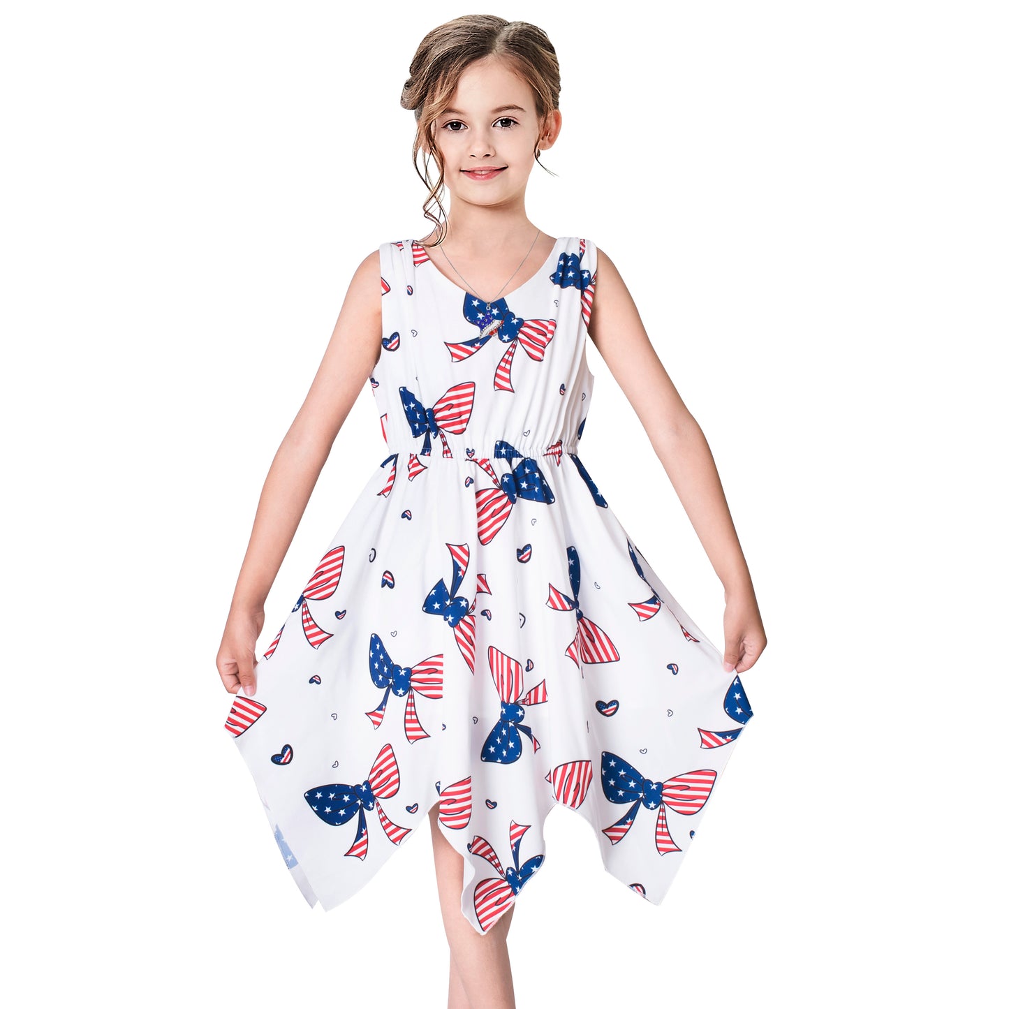 Girls Dress Flower Print Hanky Hem With Necklace Size 6-14 Years