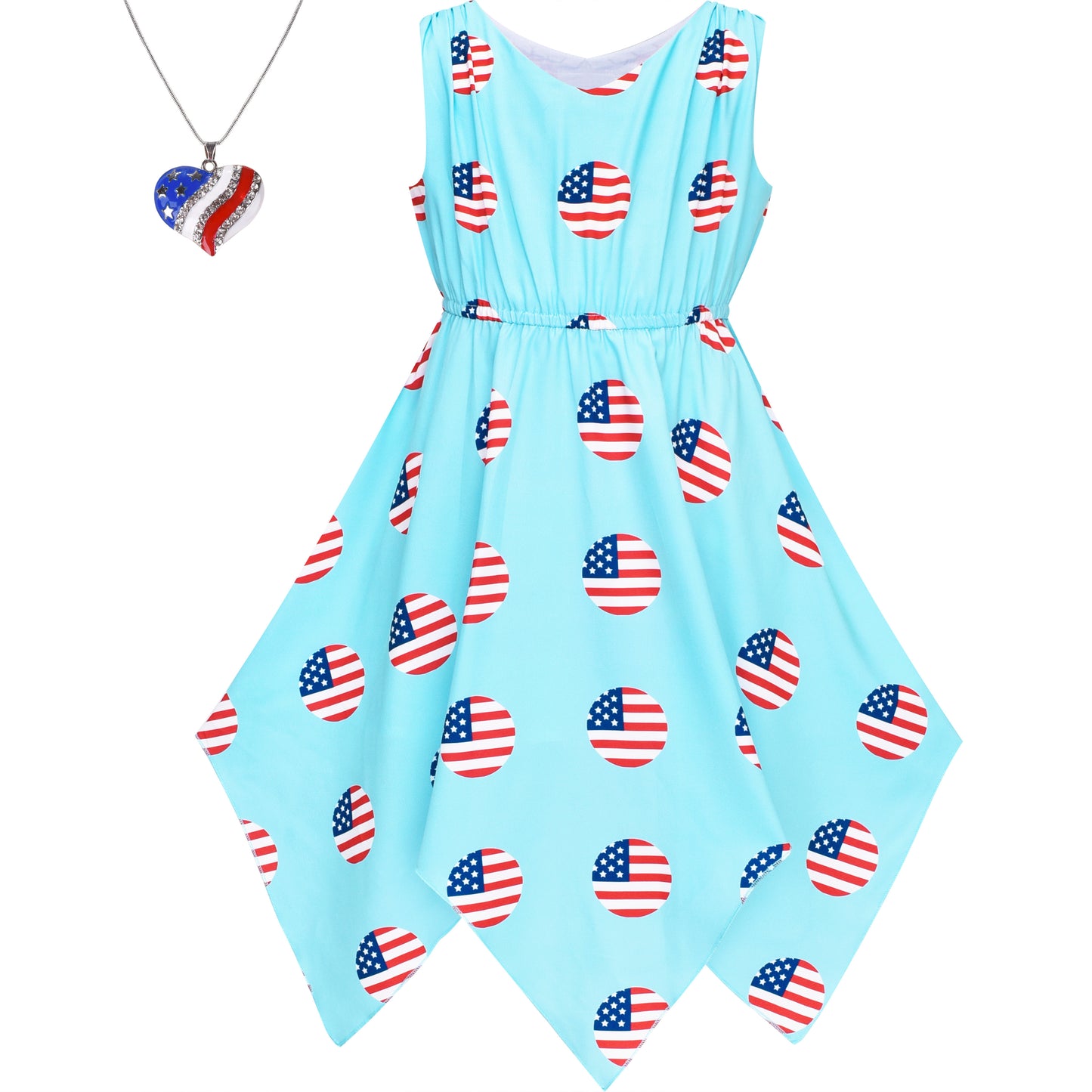 Girls Dress Flower Print Hanky Hem With Necklace Size 6-14 Years