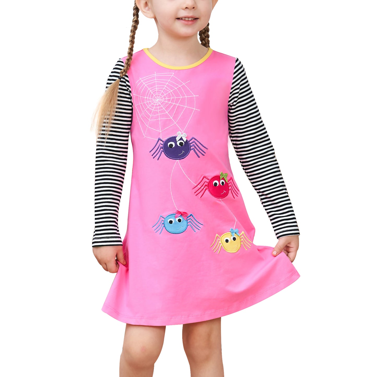 Girls Dress Long Sleeve Daisy Flower Striped Casual Cotton Size 3-12 Years