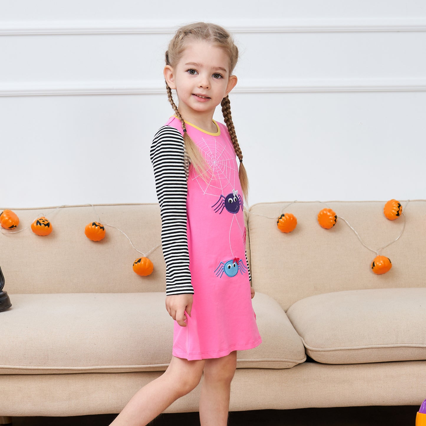 Girls Dress Long Sleeve Daisy Flower Striped Casual Cotton Size 3-12 Years