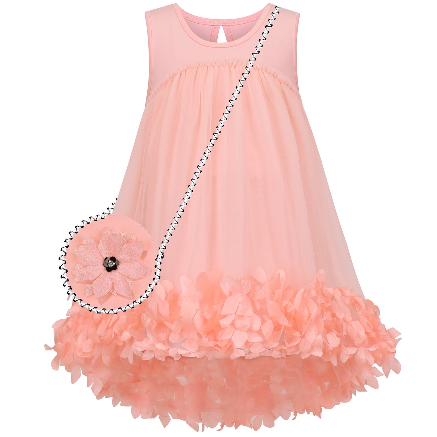 Sunny Fashion Girls Pink 3D Floral Tulle Dress with Crossbody Flower Bag