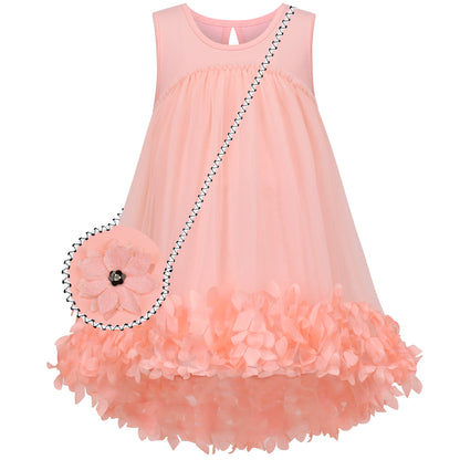 Sunny Fashion Girls Pink 3D Floral Tulle Dress with Crossbody Flower Bag