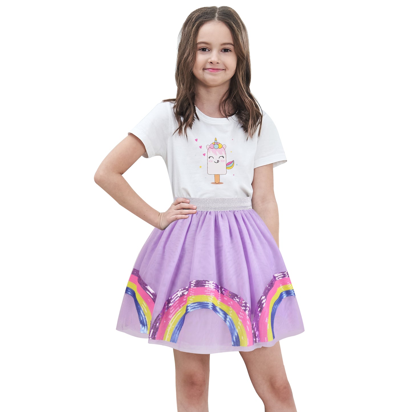 Girls T Shirt Tutu Skirt 2pc Pack Unicorn Ice Cream Rainbow Short Sleeve Size 4-10 Years