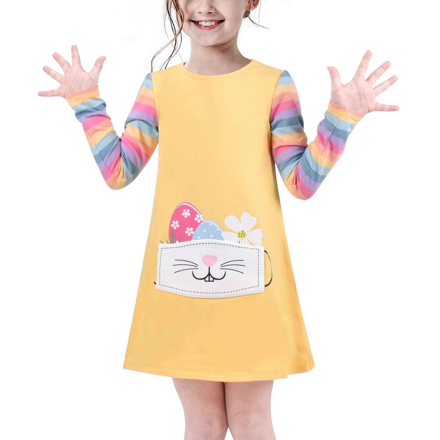 Girls Dress Long Sleeve Daisy Flower Striped Casual Cotton Size 3-12 Years